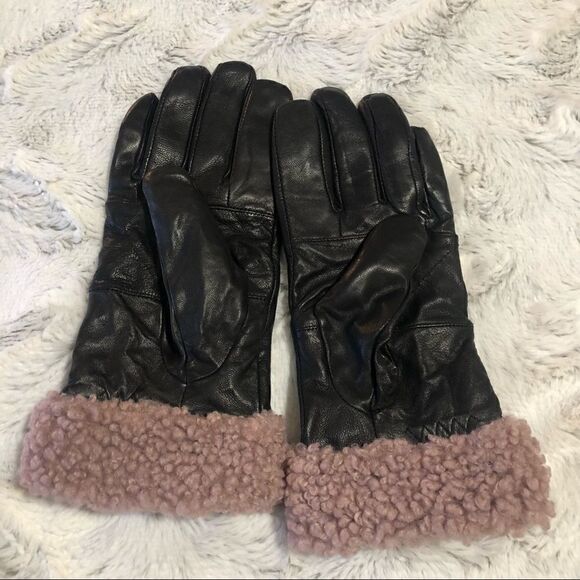 𝅺surell black leather and faux fur trim gloves size L - Picture 2 of 5